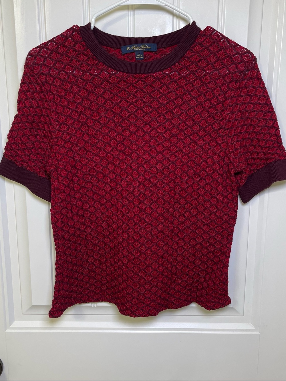 Brooks Brothers Italian Yarn Large Ruby Red Open-Knit Short-Sleeve Sweater
